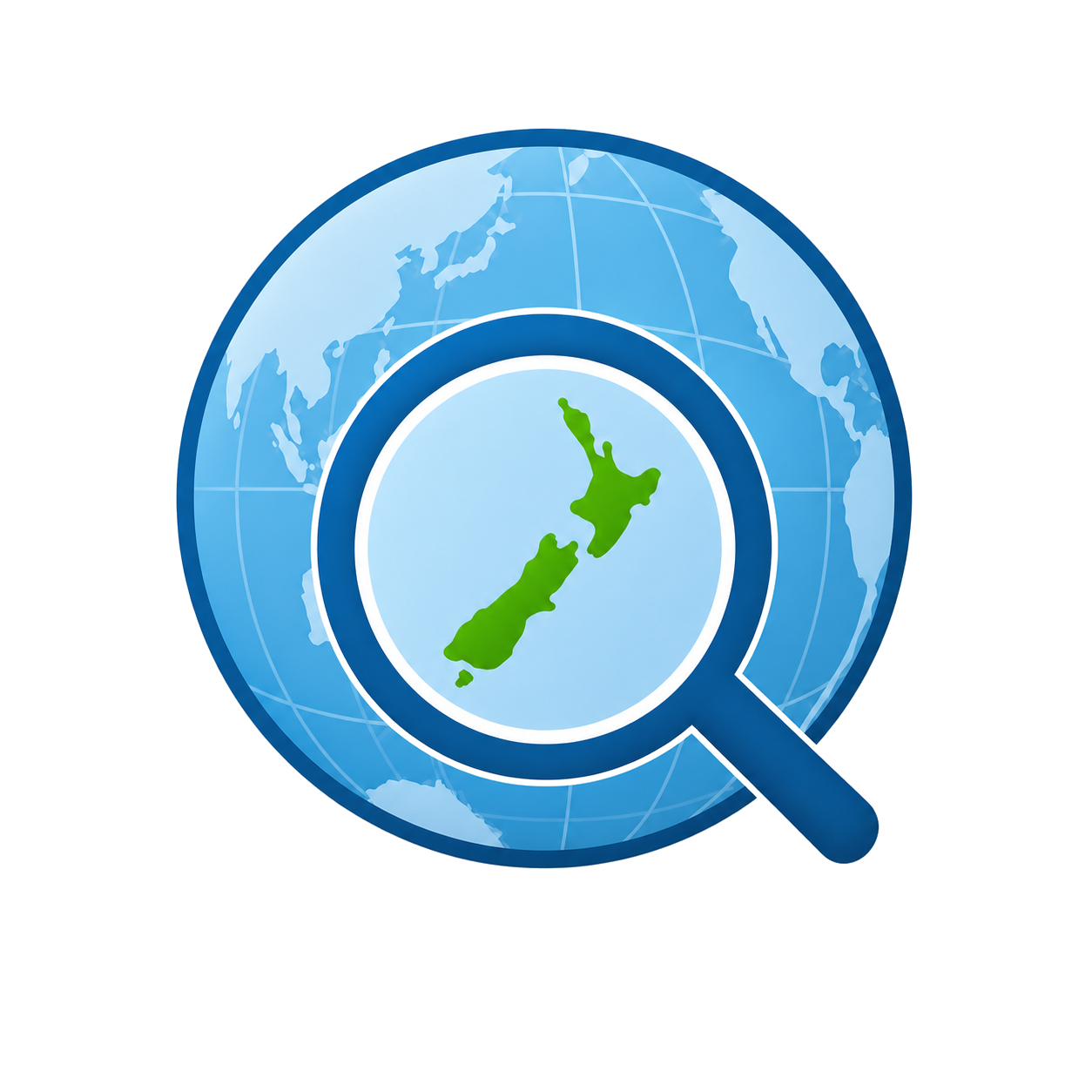 Magnifying glass highlighting New Zealand on a globe